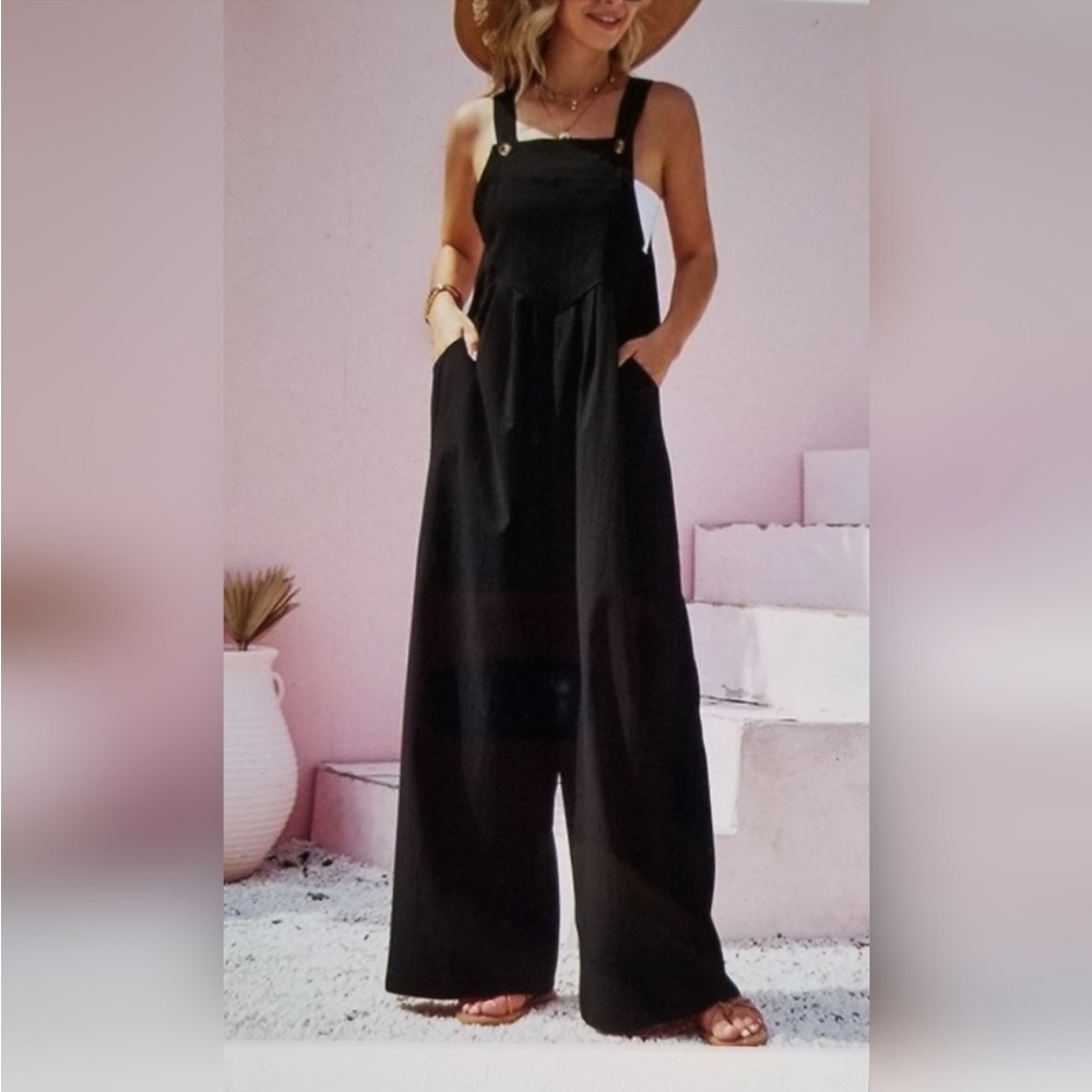Pantalon Black Button strap pocket wide leg jumpsuit